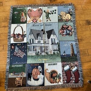 Beautiful Vintage BLESS OUR HOME 12 Months Calendar Tapestry Throw Blanket